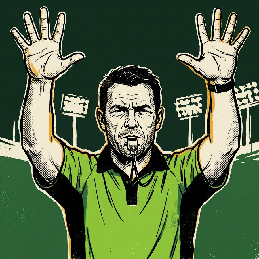 A referee signalling ten in the bin