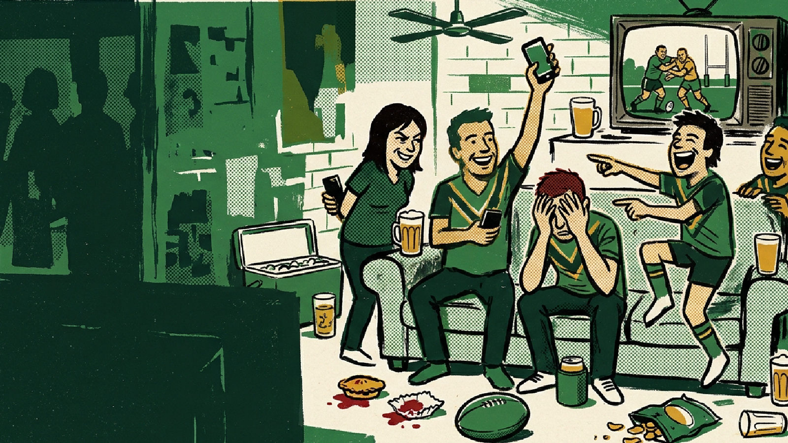 Mates in a lounge room on footy night, playing Sin Bin on their phones